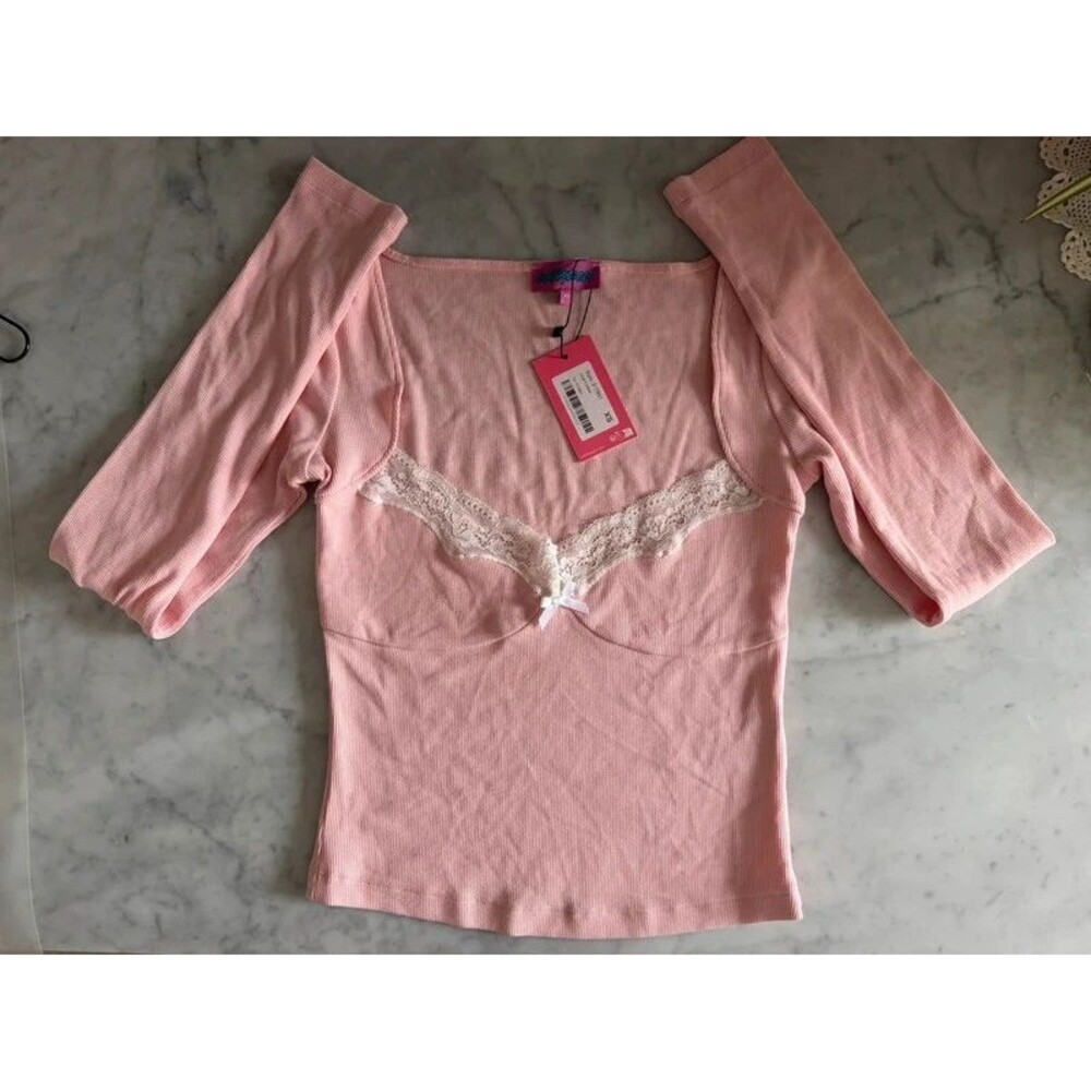 Edikted Morgyn Lace Trim Ribbed Top Light Pink NWT Size XS